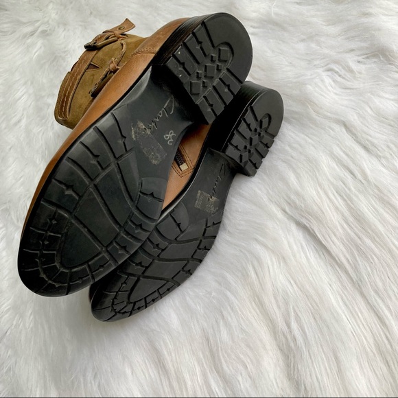 Clarks Harness Leather Boots Camel Brown Size 6.5 Mid Calf Ranch Style - Picture 12 of 16